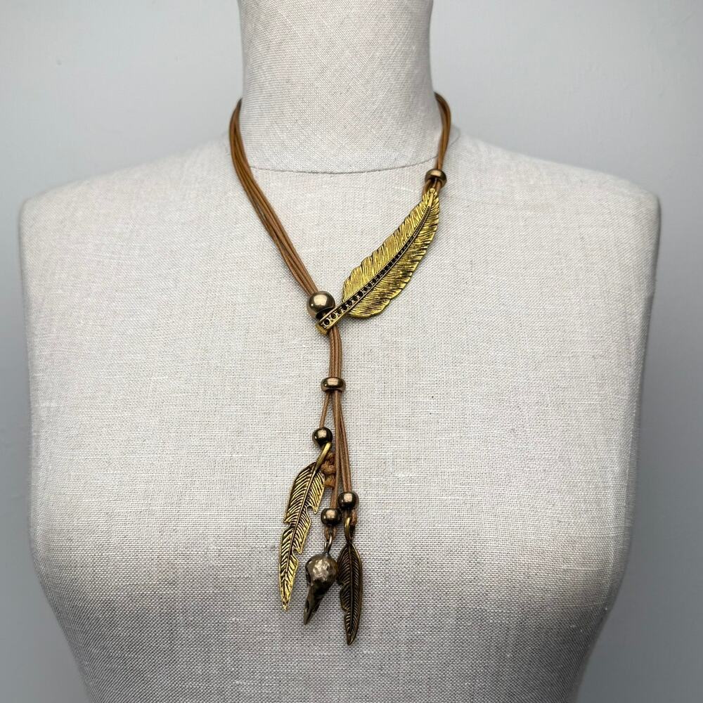 Gold Tone Leaf Skull Pendant Necklace Brown Cord Adjustable 20–22" Whimsigoth